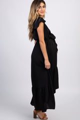 Black Tie Front Ruffle Hi-Low Hem Maternity Maxi Dress
