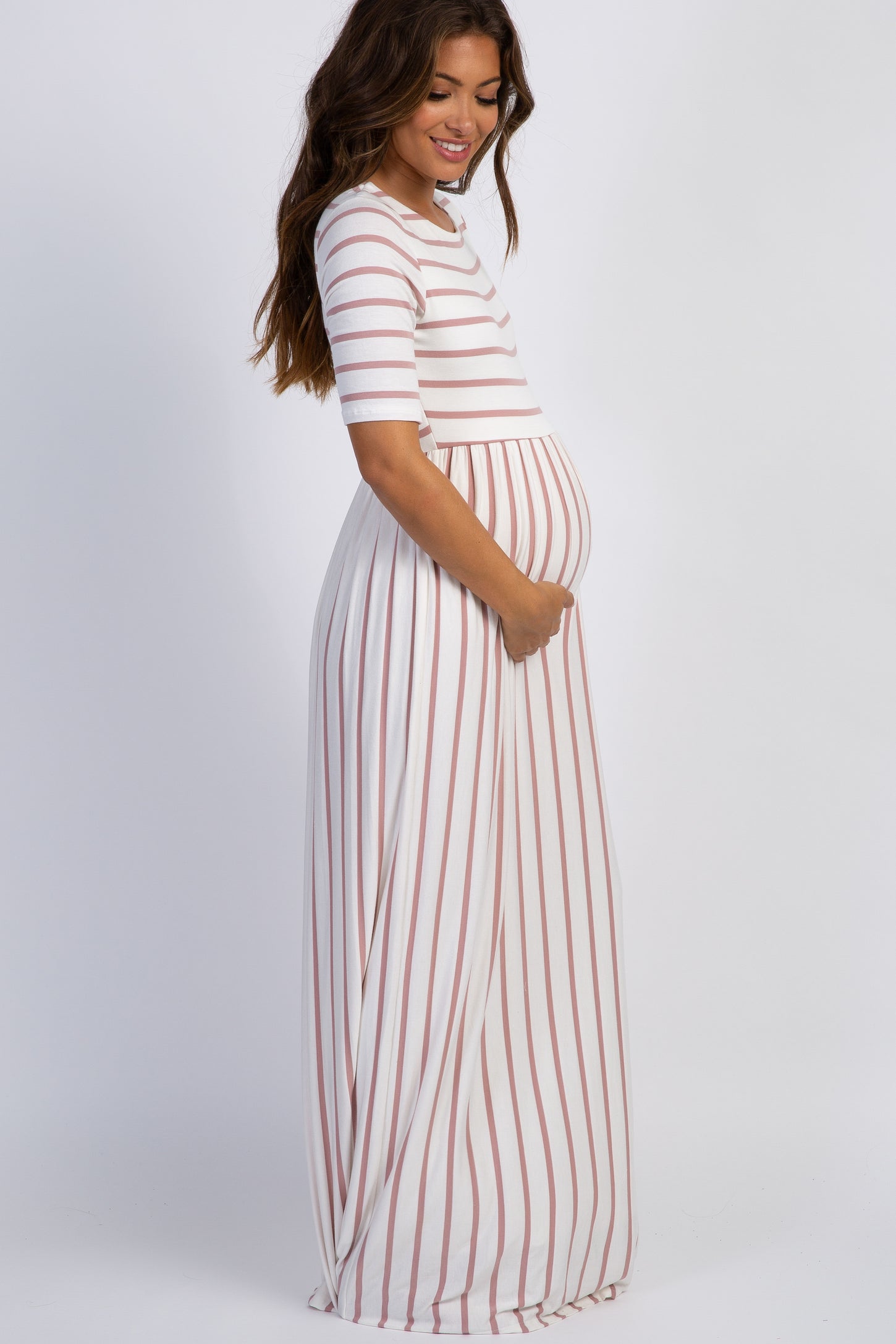 PinkBlush Mauve Striped Half Sleeve Maternity Maxi Dress