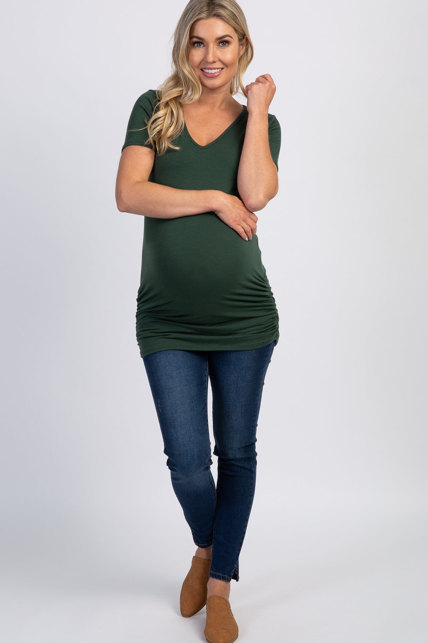 PinkBlush Green Ruched Short Sleeve Maternity Top
