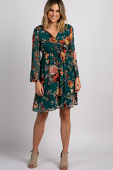 PinkBlush Forest Green Floral Chiffon Maternity Wrap Dress