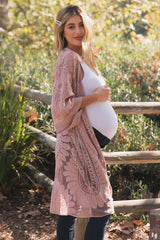 Mauve Lace Mesh 3/4 Sleeve Maternity Cover Up