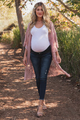 Mauve Lace Mesh 3/4 Sleeve Maternity Cover Up