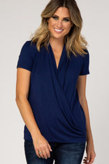 PinkBlush Navy Pleated Wrap Accent Nursing Top