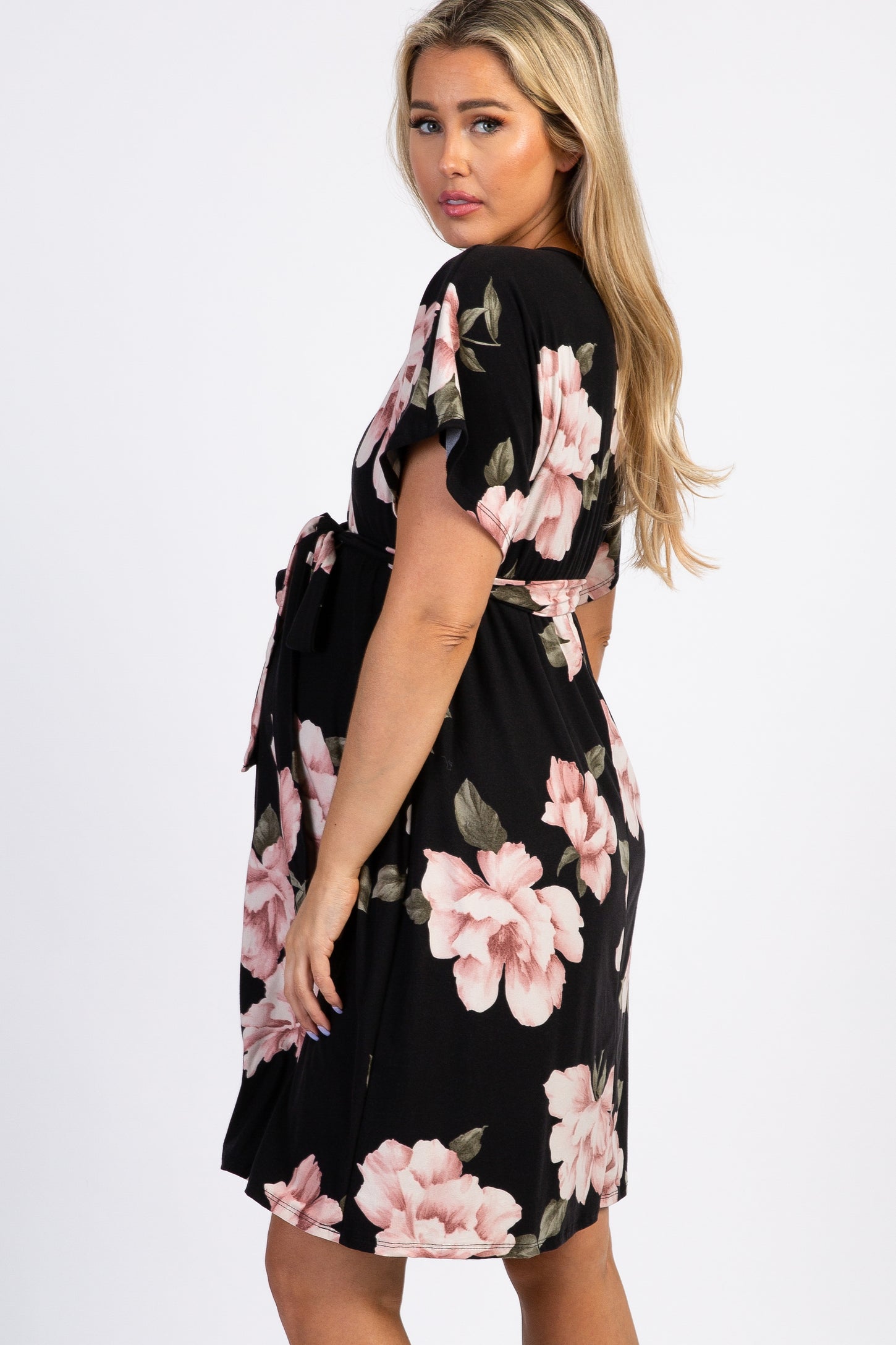 PinkBlush Black Floral Dolman Sash Tie Maternity Wrap Dress