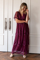 PinkBlush Deep Burgundy Lace Mesh Overlay Maxi Dress