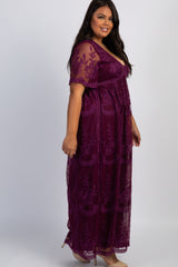 Dark Burgundy Lace Mesh Overlay Plus Maxi Dress
