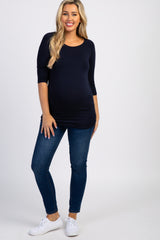 PinkBlush Navy Blue Basic Ruched Fitted Maternity Top