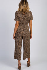 Brown Leopard Short Sleeve Tie Jumpsuit