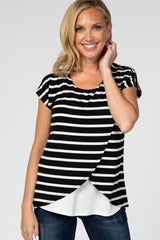 Black Striped Layered Wrap Front Maternity Nursing Top