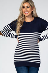 Navy Blue Striped Elbow Patch Knit Maternity Sweater