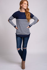 Navy Blue Striped Elbow Patch Knit Sweater