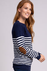 Navy Blue Striped Elbow Patch Knit Sweater