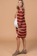 Rust Striped Knit Long Maternity Cardigan