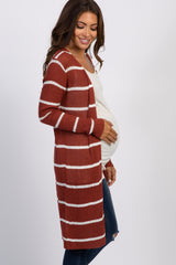 Rust Striped Knit Long Maternity Cardigan