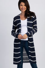 Navy Striped Knit Long Cardigan