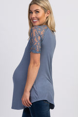 Blue Lace Sleeve Maternity Top