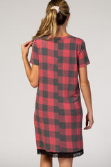 PinkBlush Red Plaid Lace Trim V-Neck Maternity Sleep Dress