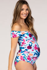 PinkBlush Light Blue Floral Off Shoulder Maternity One-Piece Swimsuit