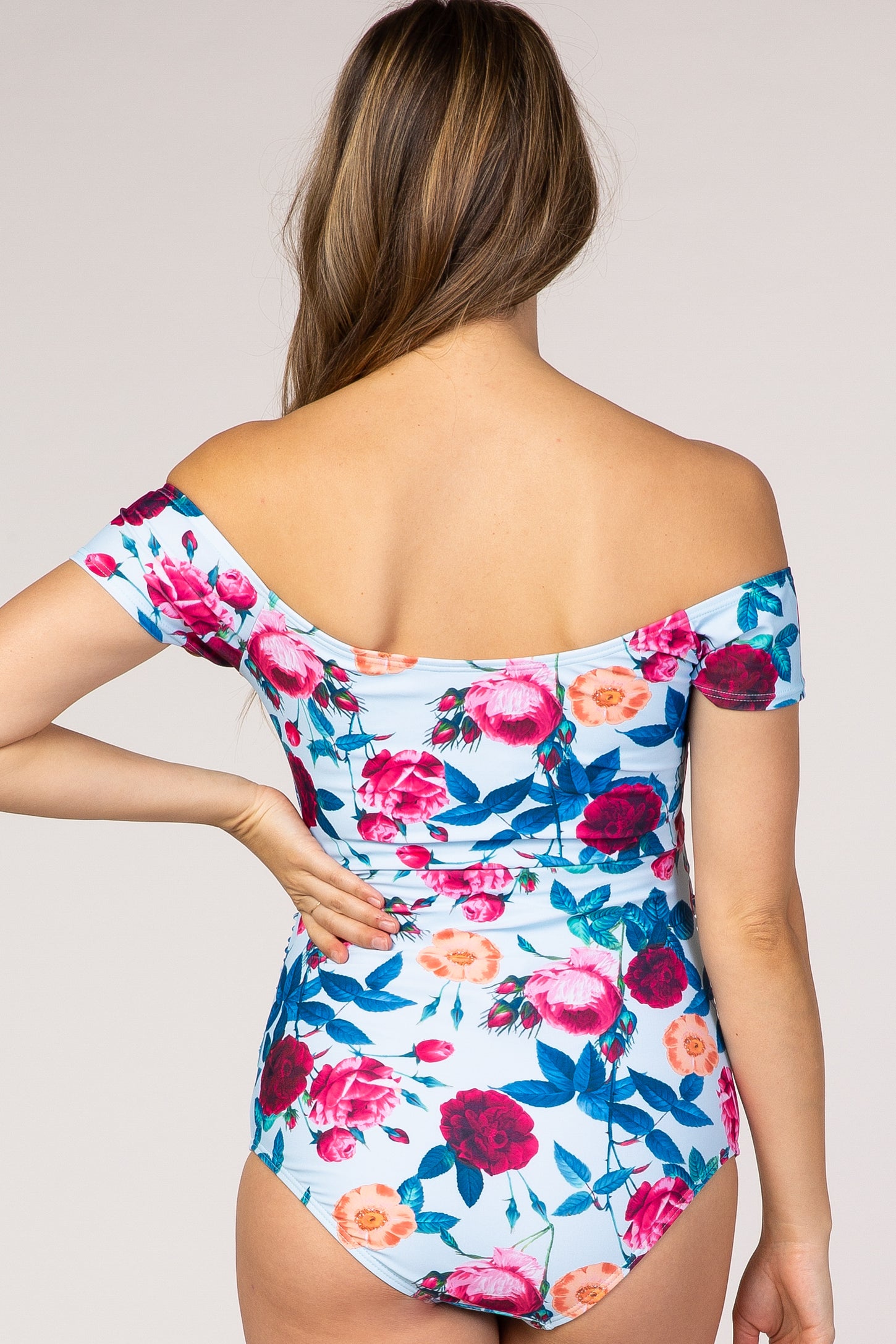 PinkBlush Light Blue Floral Off Shoulder Maternity One-Piece Swimsuit