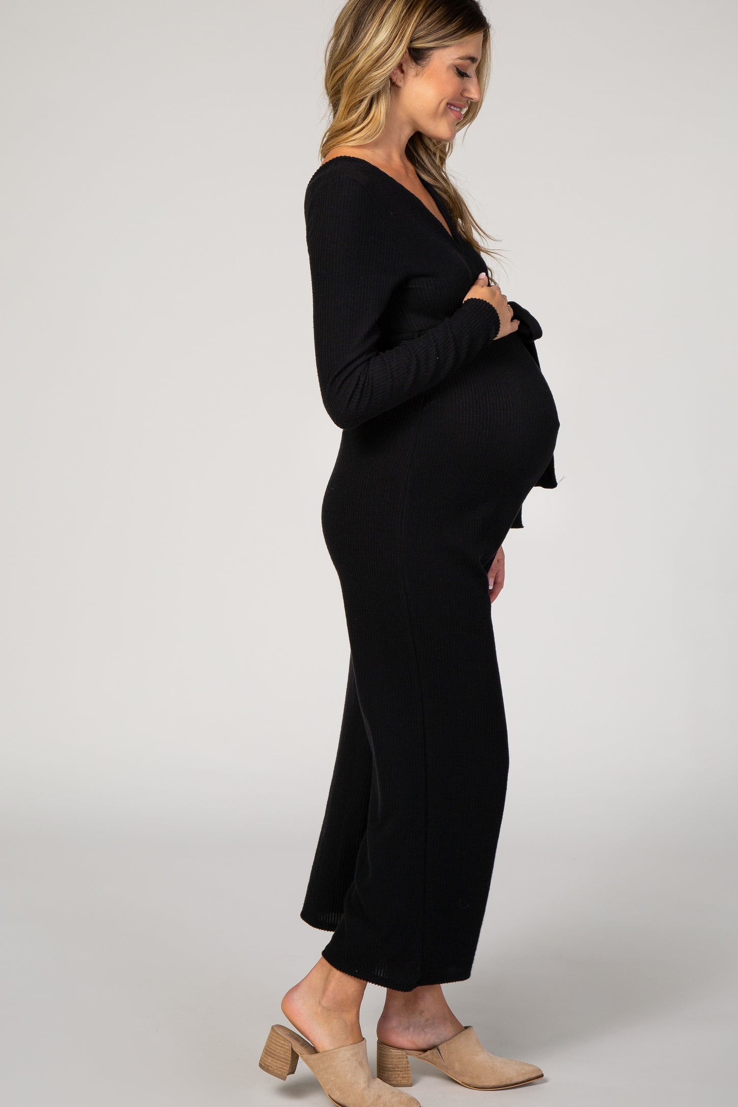 Black Ribbed Knit Long Sleeve Wide Leg Maternity Jumpsuit