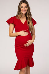 PinkBlush Red Ruffle Accent Fitted Maternity Wrap Dress