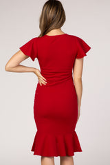 PinkBlush Red Ruffle Accent Fitted Maternity Wrap Dress