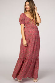 Pink Floral Puff Sleeve Maternity Maxi Dress