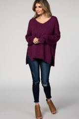 Purple Fuzzy V-Neck Hi-Low Sweater