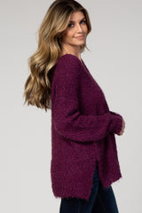 Purple Fuzzy V-Neck Hi-Low Sweater