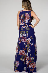Navy Floral Sleeveless Maxi Dress