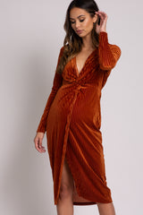 Rust Velvet Knotted Plunge Maternity Dress