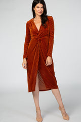 Rust Velvet Knotted Plunge Maternity Dress