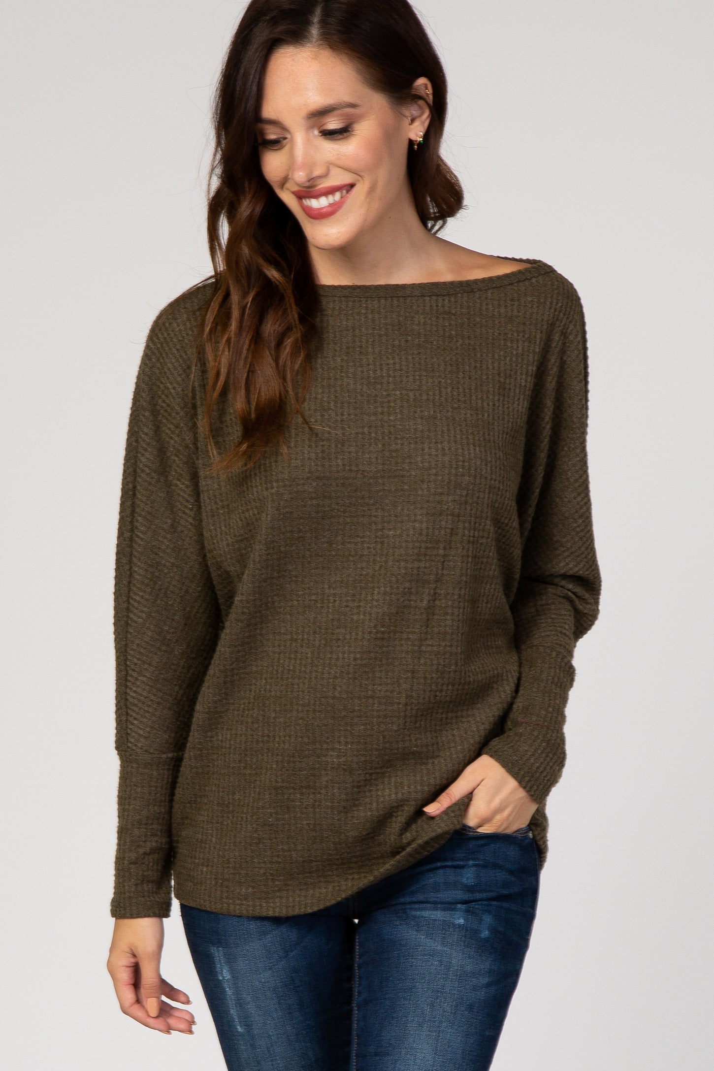 Olive Long Sleeve Waffle Knit Top