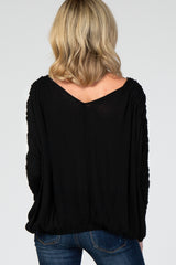 Black Shirred Long Sleeve Top
