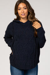 Navy Hooded Cable Knit Maternity Sweater