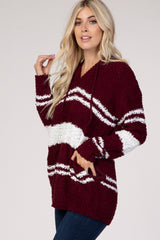 Burgundy Striped Popcorn Hooded Sweater