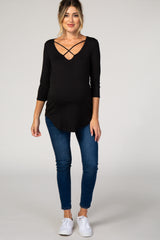 Black Cross Front 3/4 Sleeve Maternity Top