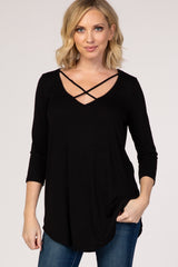 Black Cross Front 3/4 Sleeve Maternity Top