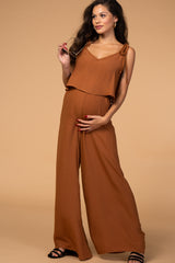 Camel Wide Leg Thin Tie Strap Matching Maternity Set