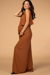 Camel Wide Leg Thin Tie Strap Matching Maternity Set