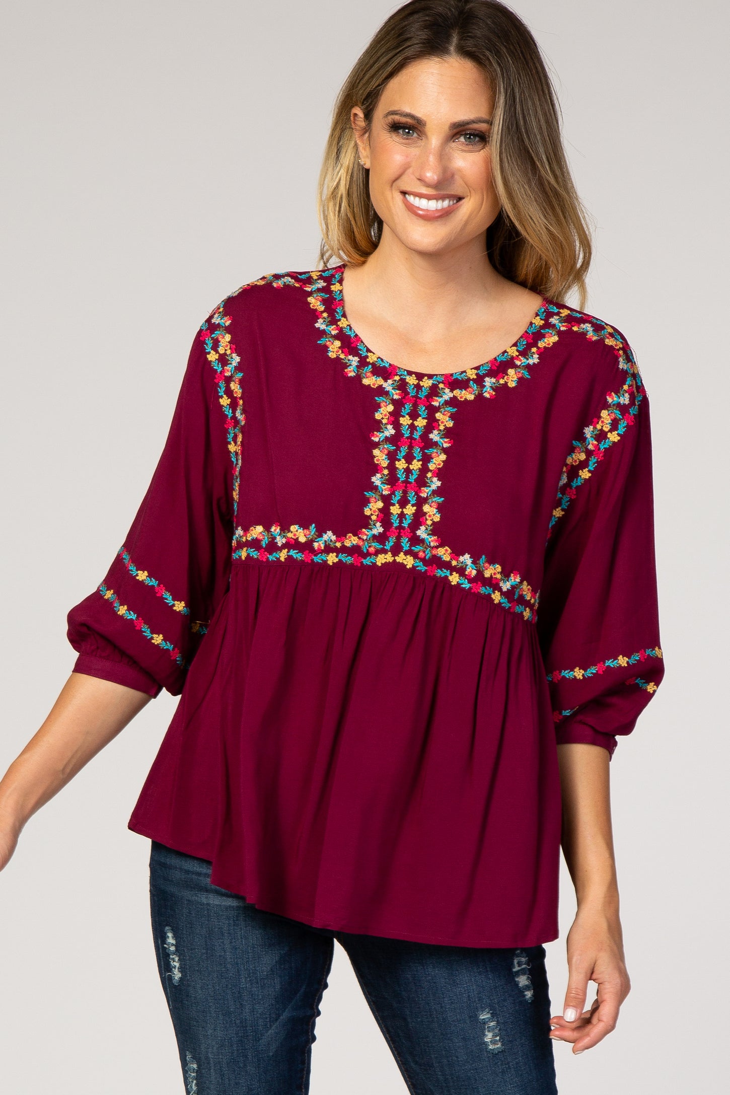 Burgundy Floral Embroidery 3/4 Puff Sleeve Maternity Blouse