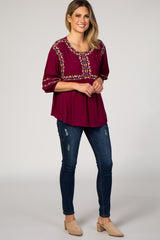 Burgundy Floral Embroidered 3/4 Puff Sleeve Top