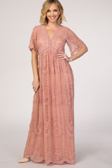 PinkBlush Light Pink Lace Mesh Overlay Maternity Maxi Dress