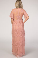 PinkBlush Light Pink Lace Mesh Overlay Maternity Maxi Dress