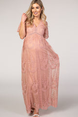 PinkBlush Light Pink Lace Mesh Overlay Maternity Maxi Dress