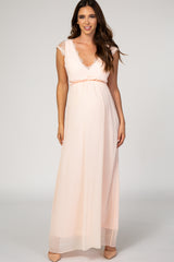 Light Pink Lace Trim Keyhole Back Maternity Maxi Dress