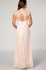 Light Pink Lace Trim Keyhole Back Maternity Maxi Dress