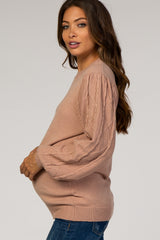 Taupe Cable Knit Sleeve Maternity Sweater