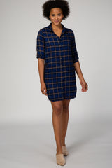 Navy Blue Plaid Button Down Long Sleeve Maternity Shirt Dress