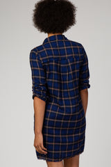 Navy Blue Plaid Button Down Long Sleeve Shirt Dress